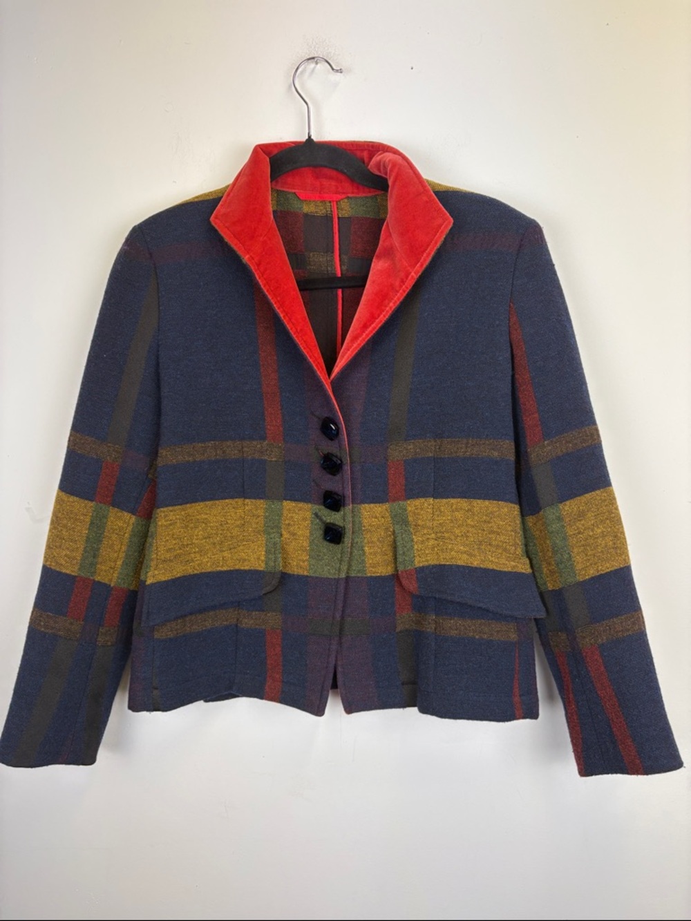 Etro Milano Plaid Wool Jacket Velvet Collar Cropped Blazer Italy Size 42 S M